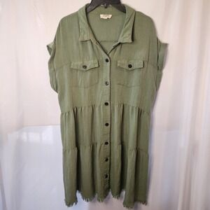 Umgee Frayed Hemline Button Down Shirt Dress Tiered Ruffle Rolled Sleeves Sz M
